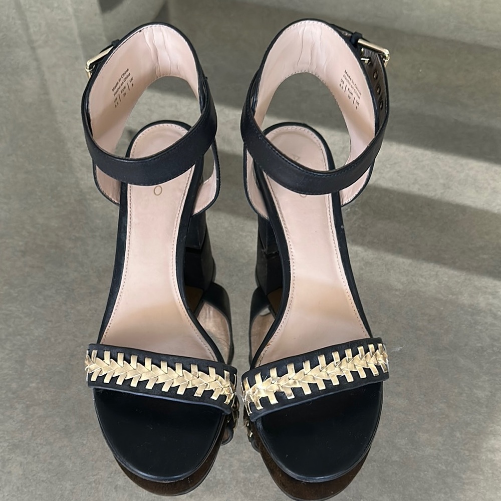 Aldo Black and Gold Ankle-Strap Sandals with Embellishment